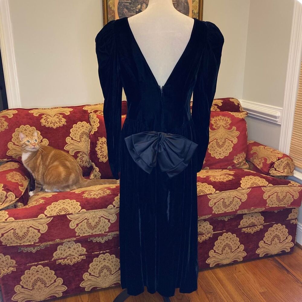 Vintage 80s Black velvet fitted open back gown with giant bow on the back